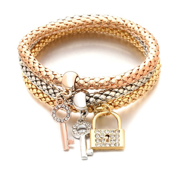 

женщины браслеты роскошные дизайнерские ювелирные изделия, сделанные сплавом со стразами материал эластичные регулируемые ключи замки подвес, Golden;silver