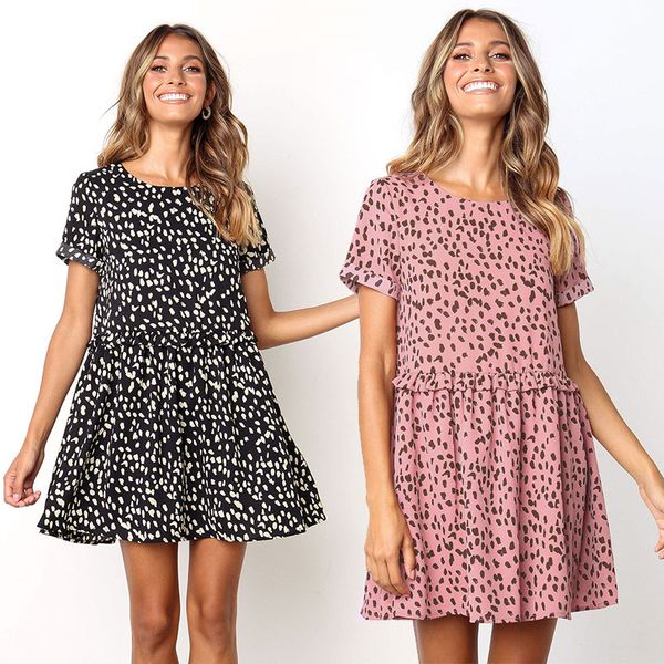 

women's ladies casual round collar short sleeve ruffle wrap waist loose mini dresses casual short t-shirt dress, Black;gray