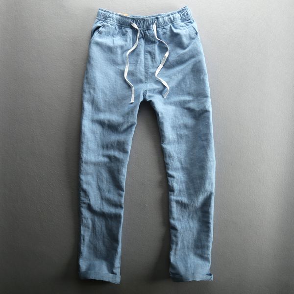 

2020 men's summer casual pants natural cotton linen trousers for men hawaii solid white elastic waist straight man pants y025, Black