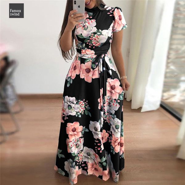 

водолазка платья лета 2019 вскользь с коротким рукавом длинные платья boho печати maxi платье женщины бинты нарядные платья платье, Black;gray