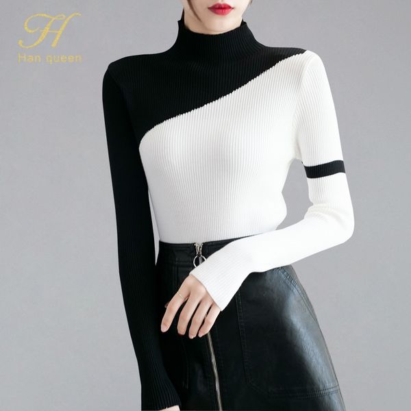 

h han queen contrast color autumn winter sweater women knitted sweaters bottoming pullover fashion 2019 turtleneck jumper female, White;black