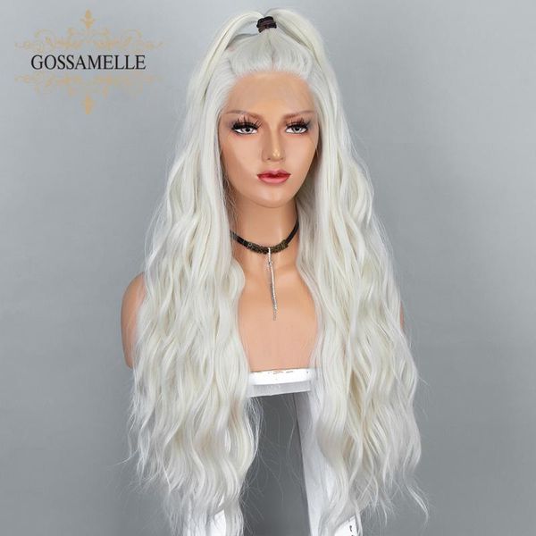 

gossamelle platinum blonde wig lace front wig long wave synthetic wigs for women sliver grey cosplay wigs heat resistant fiber, Black