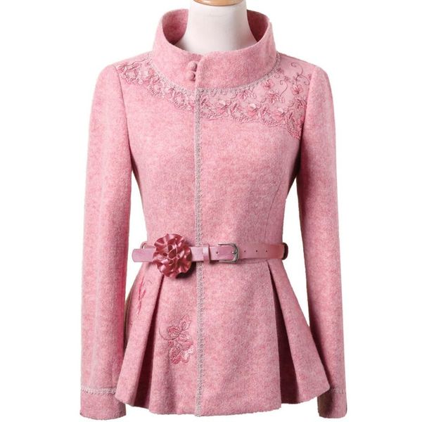 

autumn winter vintage sweet embroidered woolen coat women stand collar slim belted wool blends jacket plus size 3xl, Black
