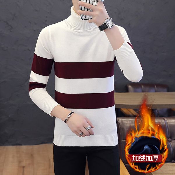

fashion striped turtleneck sweater men warm thick sweater mens turtle neck long sleeve bottoming pullover korean casual -3xl, White;black