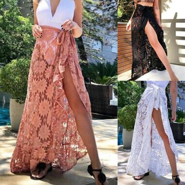 

solid women bikini cover up lace swimwear beach long wrap lace skirt sarong
