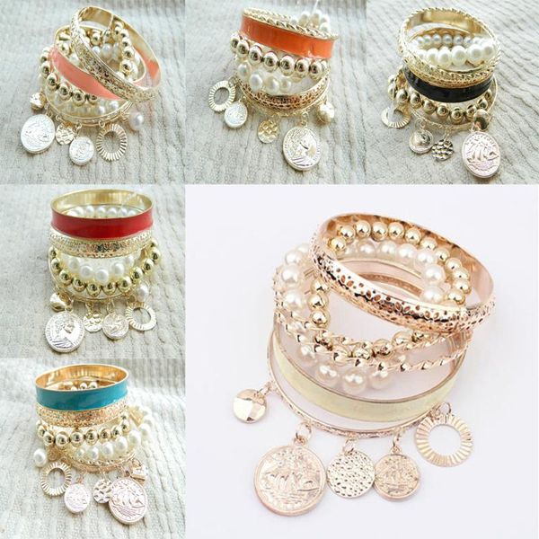 

7pcs/set fashion jewelry women golden alloy bead pearl bracelets bangle, Black