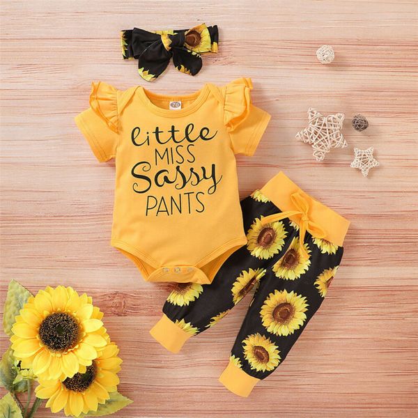 

newborn baby girls clothes short sleeve romper +sunflowers print pants+headband 3pcs sets infant summer casual outfits 0-24m, White