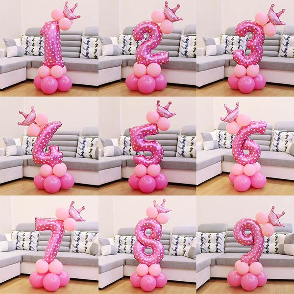 

1 set blue pink foil number balloon thicken latex air ballons with crown anniversary baby shower kids birthday party decoration