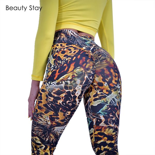 

beauty stay women leggings leopard print fitness clothing push up gym wear elastic slim seamless ankle-length pants, Black