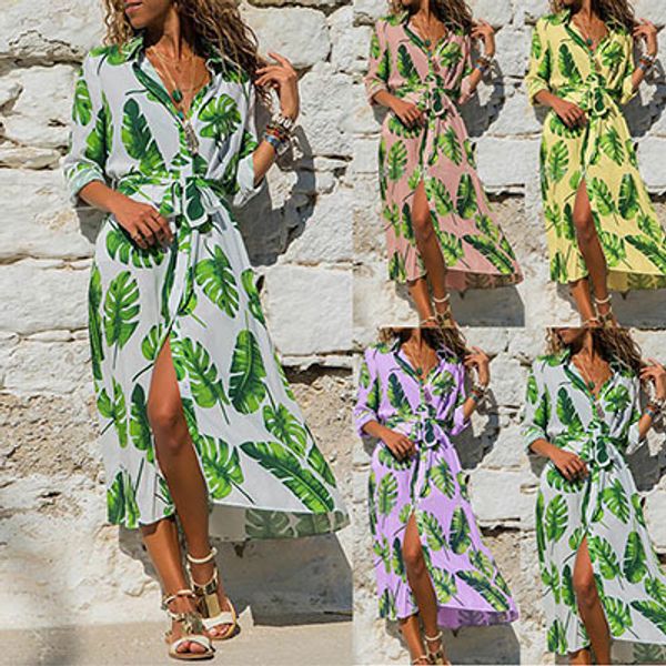 

2020 summer women's leaf printed half-sleeve lace-up split holiday dresses female fairy beach dress, Black;gray