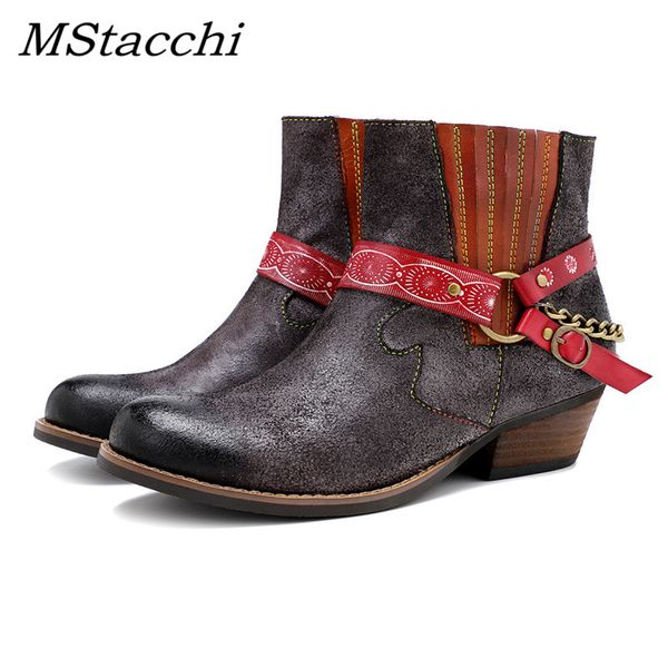 

mstacchi 2020 genuine leather ankle boots for women retro metal decoration slip-on shoes woman bohemian botas mujer, Black