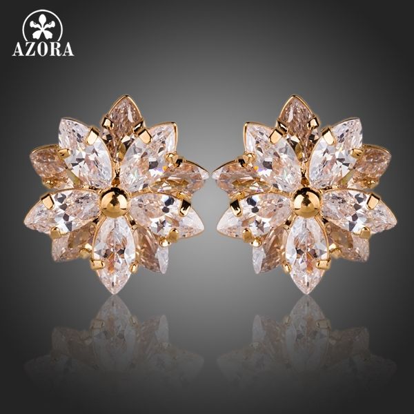 

azora gold color lotus flower with 10pcs cubic zirconia stud earrings te0139, Golden