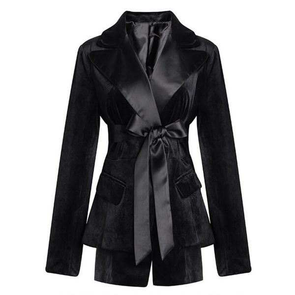 

2019 women notched collar stitching velvet blazer black tide bow sashes long sleeve x-long double hem suit jacket, White;black