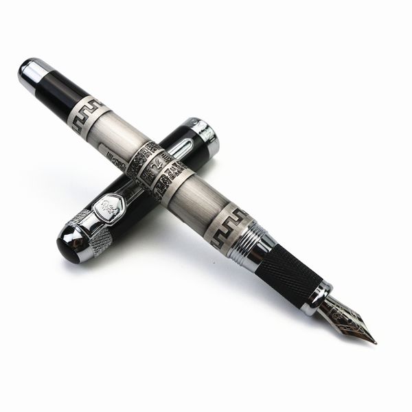 

silver gray great wall pattern fountain pen silver metal gift box packaging engraved text inscriptions prize gifts