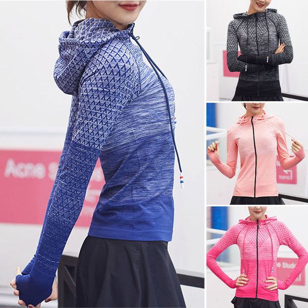 

women long sleeve yoga jacket gradient rendering color zipper quick-dry sportswear thj99, Black;red