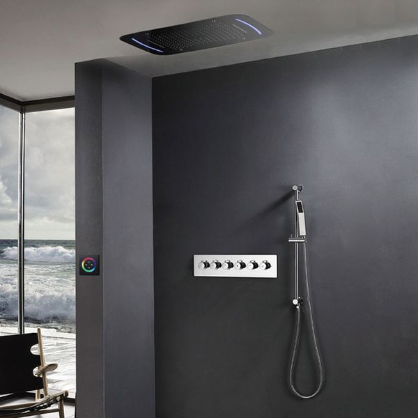 

embedded ceiling waterfall thermostatic change 5 functions valve led rainfall showerhead bathroom big shower set brass faucets