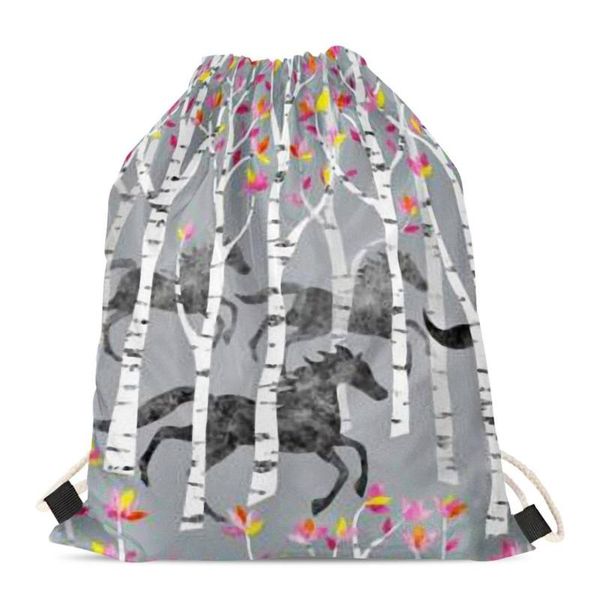 

hycool running horse flower pattern gray drawstring bag casual outdoor storage pouch outdoor camping backpack women bags men
