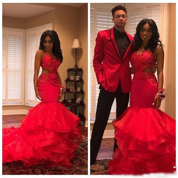 

2019 Red Spaghetti Organza Mermaid Long Prom Dresses Lace Applique Cutaway Layered Ruffles Sweep Train Formal Evening Gowns Party Vestidos