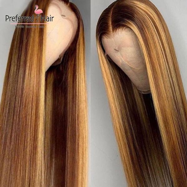 

Preferred Orange Brown Highlight Blonde Lace Front Wig 13x6 Brazilian Remy Human Hair Wig Transparent Lace Wigs For Black Women, Black;brown
