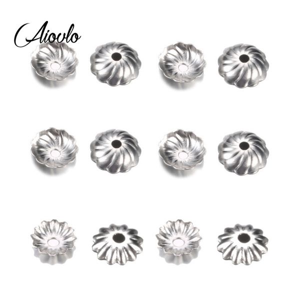 

aiovlo 50pcs/lot stainless steel hollow flower bead caps end caps accessories for diy jewelry findings making supplies, Blue;slivery