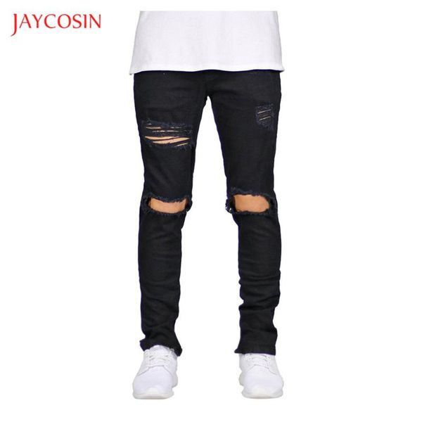 

jaycosin new skinny jeans men casual streetwear destroyed hole jeans pants homme hip hop male pencil pants trousers, Blue