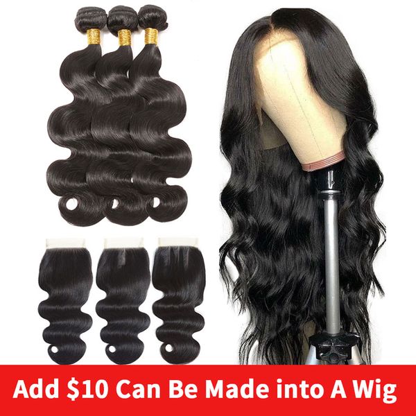 

body wave virgin human hair bundles with closure can be processed into a wig 100 human hair 3 bundles with closure lace closure, Black