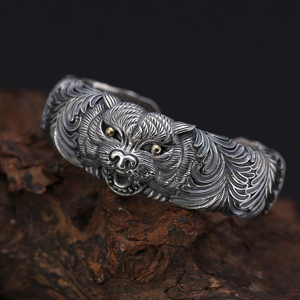 

new adjustable tiger head men bangle 100% real 925 sterling silver punk fine jewelry lucky brave troops opening bracelet bangle, Black