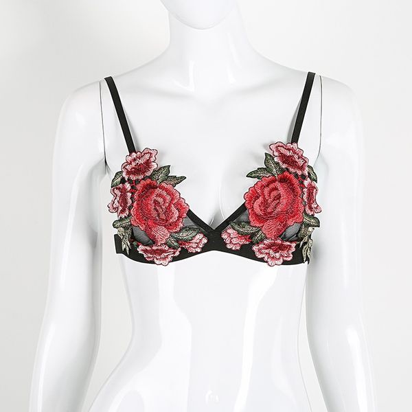 

bras rose embroidered corset lingerie womens unpadded push up bra crop fashion underwear deep v, Red;black