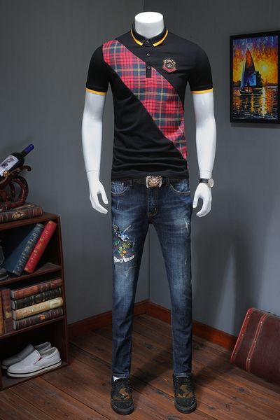 

2019 spring and summer trend lapel polo shirt men's short-sleeved t-shirt embroidery stitching casual shirt t-shirt bottoming, White;black