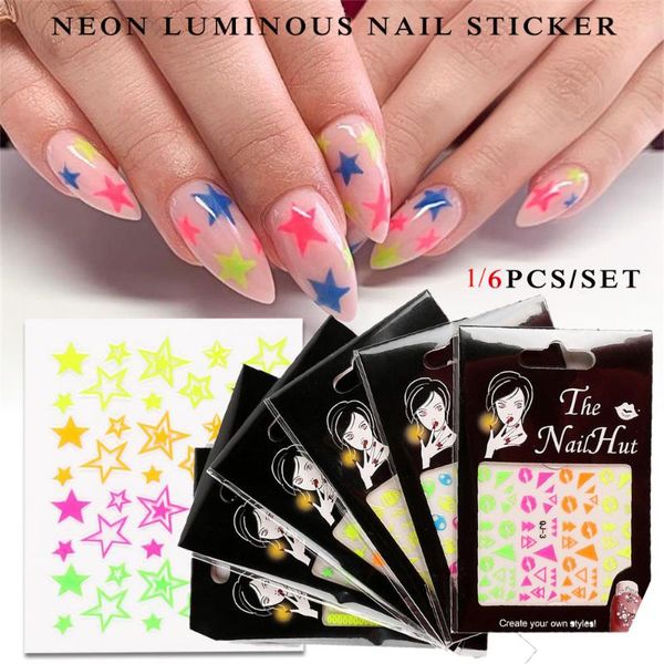 

1/6pcs 3d stars splatter neon luminous adhesive sticker decal glitter nail sticker nail art ultra-thin stickers manicure decor, Black