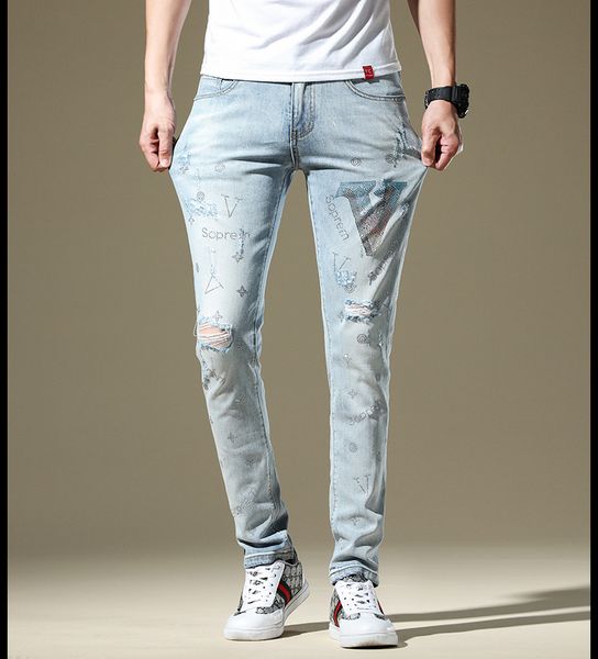 

men's designer jeans fashion denim trousers with drill slim-fit brand zipper fly jeans ripped light blue pants 2020 new arrival size 28