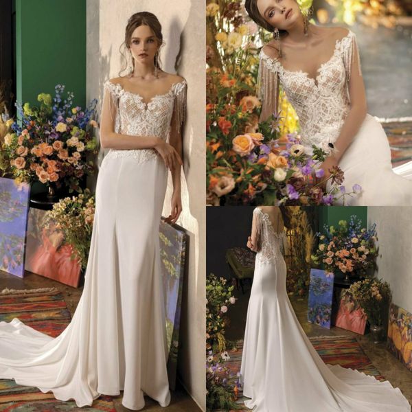 

papilio 2020 wedding dresses scoop neck lace appliques tassel bridal gowns gorgeous button back sweep train mermaid wedding dress, White