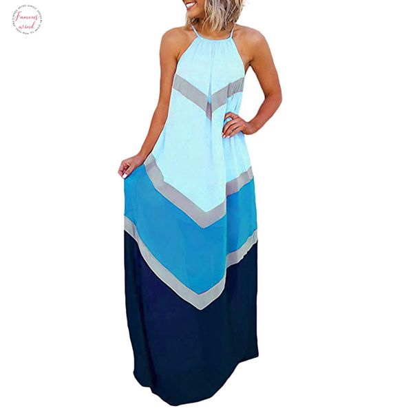 

halter dress 2019 fashion striped color v neck patchwork pleated back hollow out maxi long dresses girls summer dresses, Black;gray