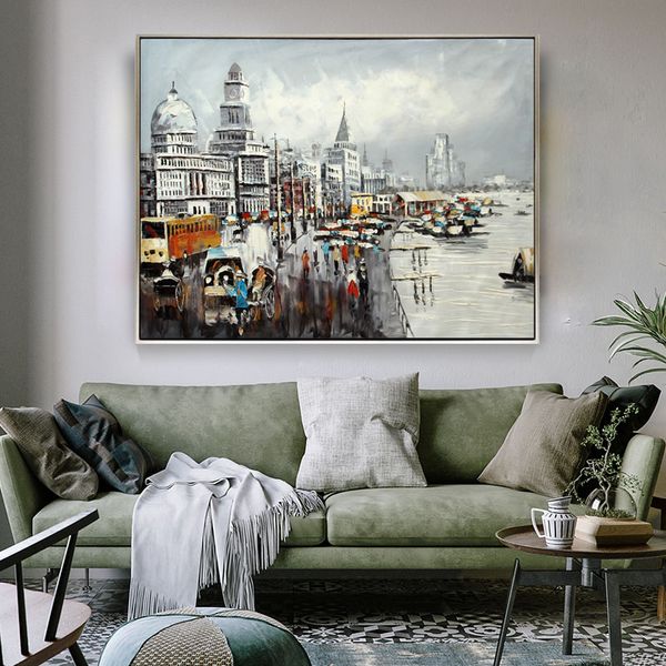 

Old Shanghai Bund Hand-Painted Oil Painting Living Room Porch Decorative Painting Landscape Architecture Painting Mural Restaurant