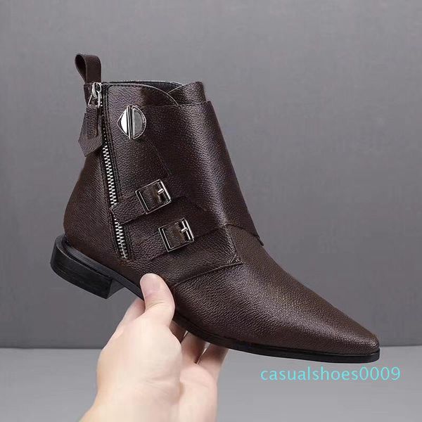 

new designer jumble flat ankle boot martin boots for women calf leather winter boots pointed toe shoes with box big size 7colors c09, Black