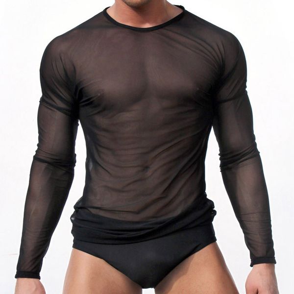

men transparent t-shirt sheer see through mesh long sleeve t shirt undershirt fitness tight lounge tees, White;black