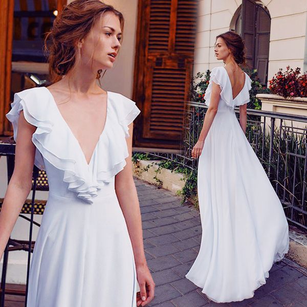 

stylish white front split bridesmaid dresses deep v neck country a line maid of honor gowns floor length chiffon wedding guest dress, White;pink