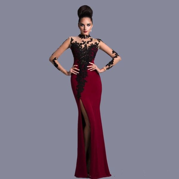 

straight high neck elegant burgundy and black with long sleeves lace formal gowns 2019 new evening dresses vestidos de festa, Black;red