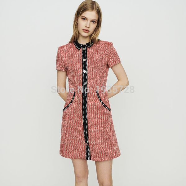

red cotton blend short sleeve tweed button front contrast trim mini dress, Black;gray
