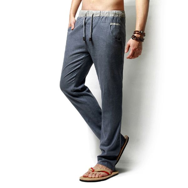 

men pants linen drawstring flax pants straight full length solid linen cotton home men's trousers fashion size m-3xl, Black