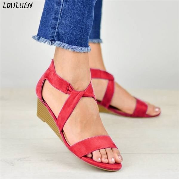 

louluen 2020 summer bohemian sandals zapatos mujer for women fashion solid color plus size roman wedge heel zip retro roman, Black