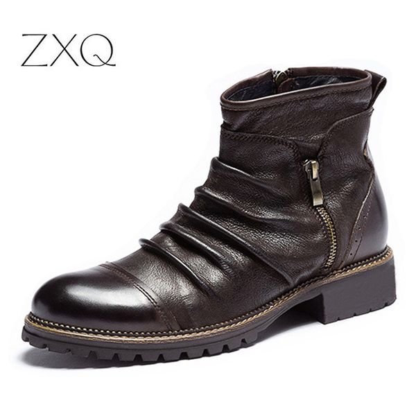 

men boots leather autumn winter vintage style cowboy boots man high zipper ankle for men botas hombre, Black