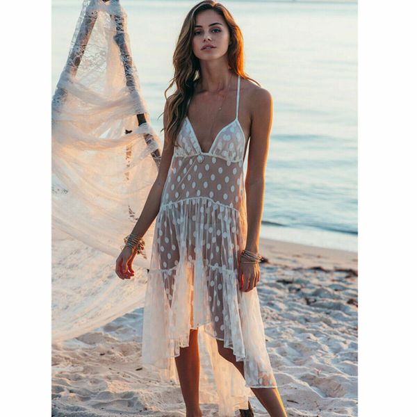 

women mesh cover ups polka dot lace up halter cover up dress beach bikini bathing pareo ruffle irregular cut wrap beach sarong