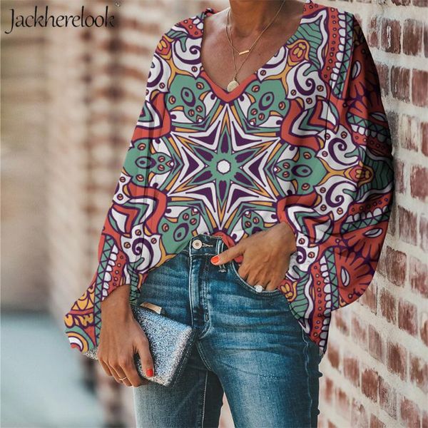 

women's blouses & shirts jackherelook harajuku blouse for ladies afro tribal floral flower print fashion women shirt v-neck woman, White