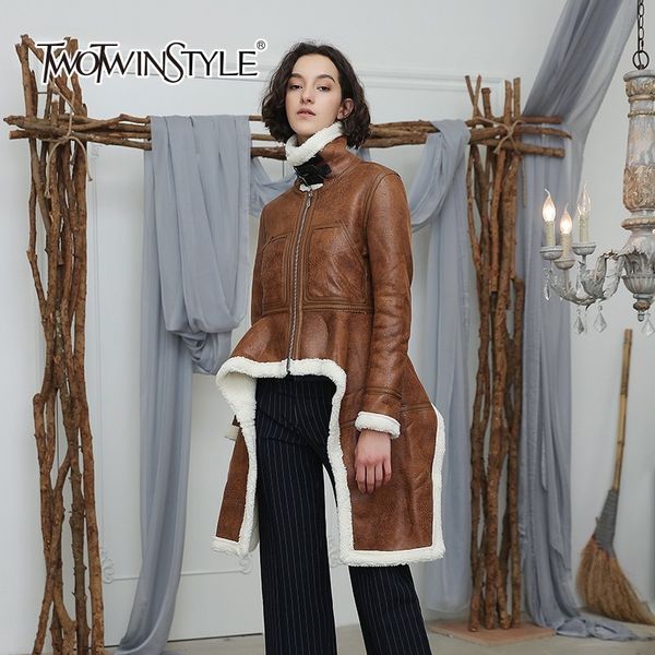 

twotwinstyle irregular fleece coats women turtleneck long sleeve velvet thick jacket female 2019 winter plus size fashion, Black