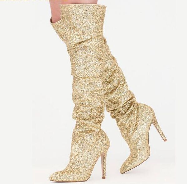 Moda Gold Glitter Mulheres Sparkly botas altas da coxa Sexy Pointed Toe Salto Alto Nos Botas Sapatos senhora Bling Longo Botas Partido Shoes