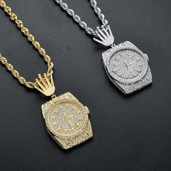 

персонализированные часы циферблат ожерелье для мужчин bling cz ледяной корона кулон золото серебряные цепи женщины хип-хоп рэпер ювелирные, Silver