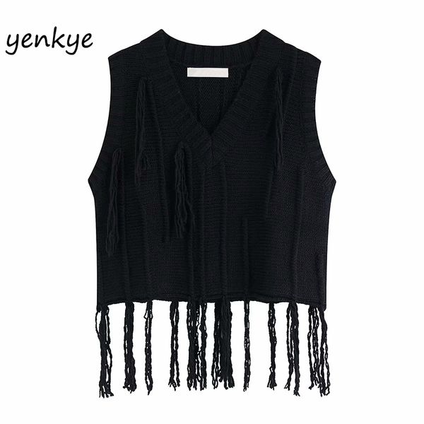 

women vintage black tassel knitted vest lady v neck sleeveless crop plus size bbwm9830, Black;white