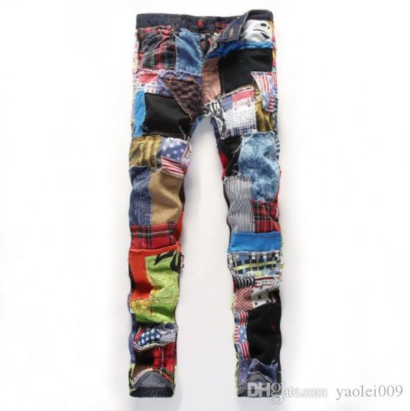 

designer mens jeans european america color cloth stitching ripped jeans luxury hip hop nightclub casual pants for men, Blue
