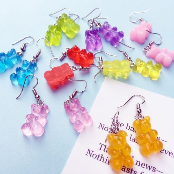 

cute handmade resin colorful cartoon animal bear earring unique candy color drop earring for women girl funny party jewelry gift, Silver